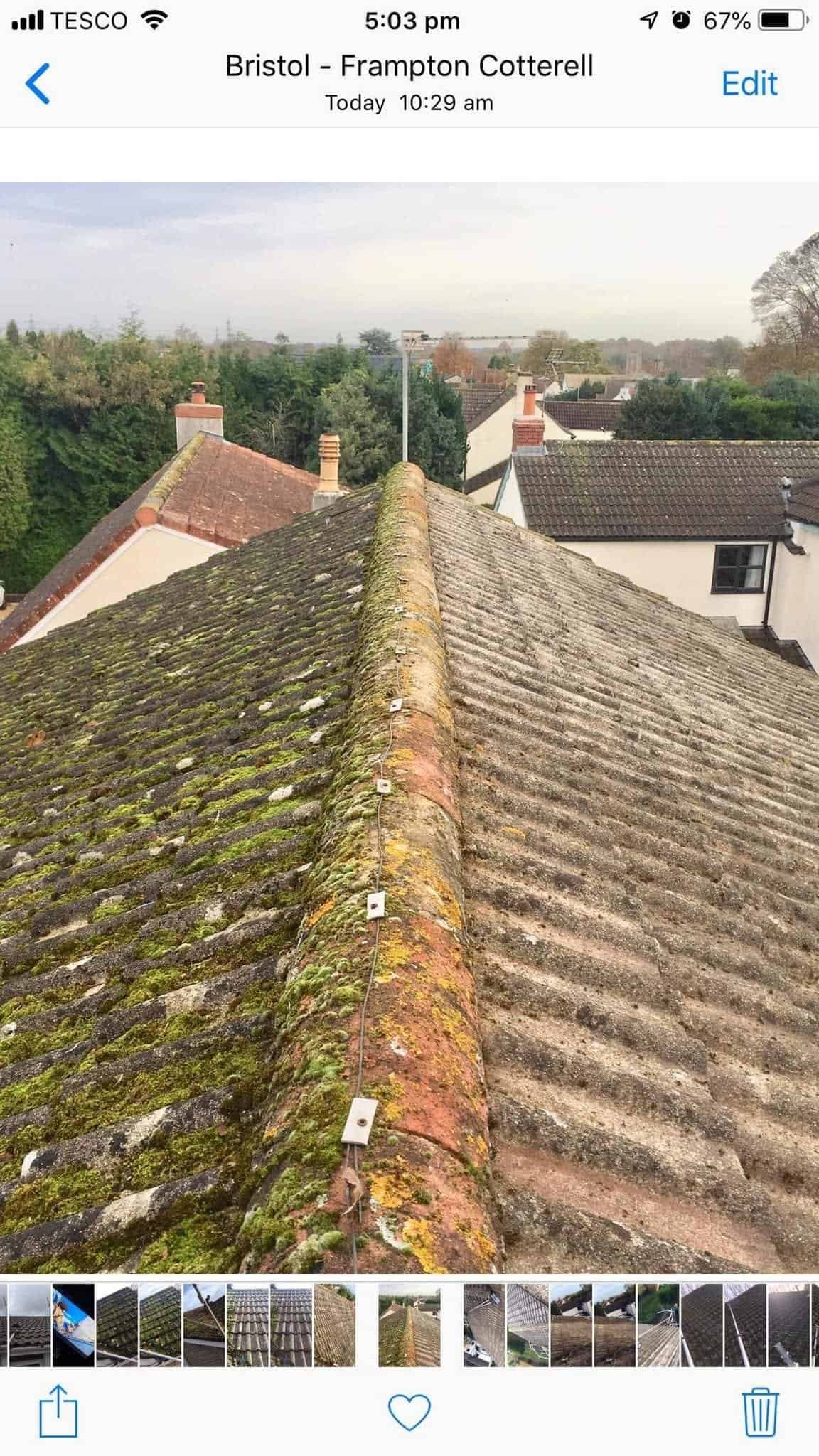 Bristol roof before and after cleaning, moss scraped off and the tiles left clear